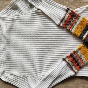Free People Cream Ribbed Turtleneck Sweater with Multicolor Knit Cuffs